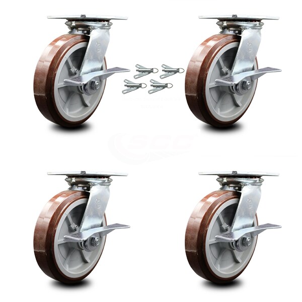 8 Inch Polyurethane Caster Set with Roller Bearing and Brakes/Swivel Locks SCC